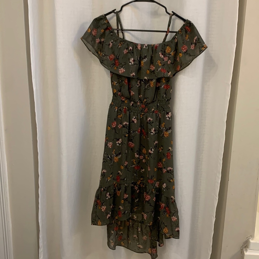 Olive Green with Roses High-Low Dress Off-Shoulder with Adjustable Straps